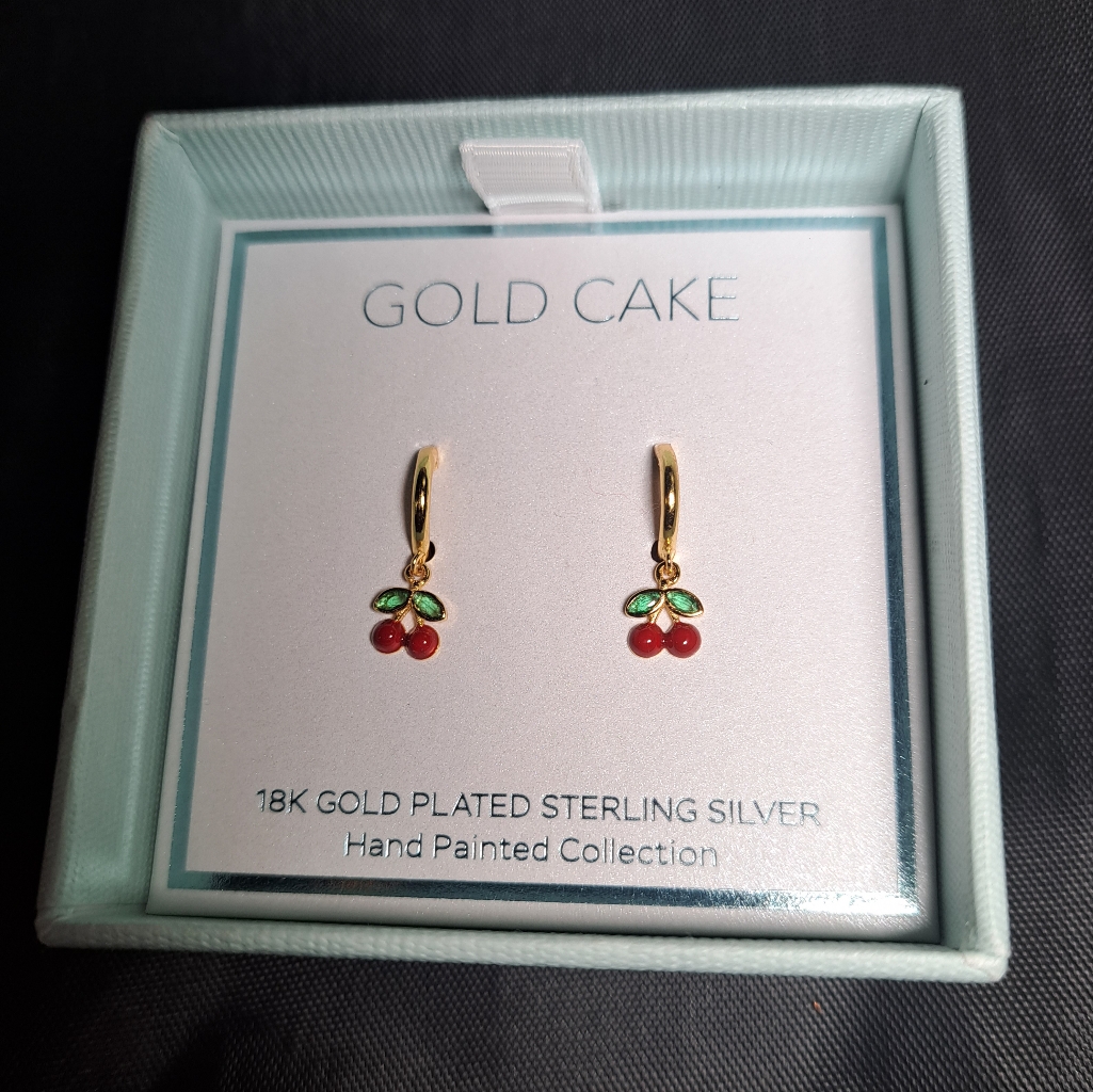 24k/925 Handpainted Gold Cake Earrings Nib